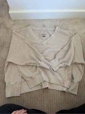 American Eagle Outfitters Waffle-Knit V-Neck Sweatshirt — Beige